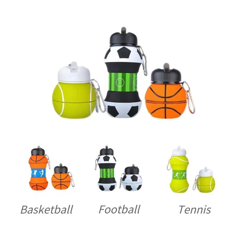 Folding Silicon Water Bottle, Three Shapes of Soccer, Basketball and Tennis, 100 Percent Food Grade Collapsible Water Bottle with Carabiner, for School Outdoor, Birthday Gifts for Boys and Girls