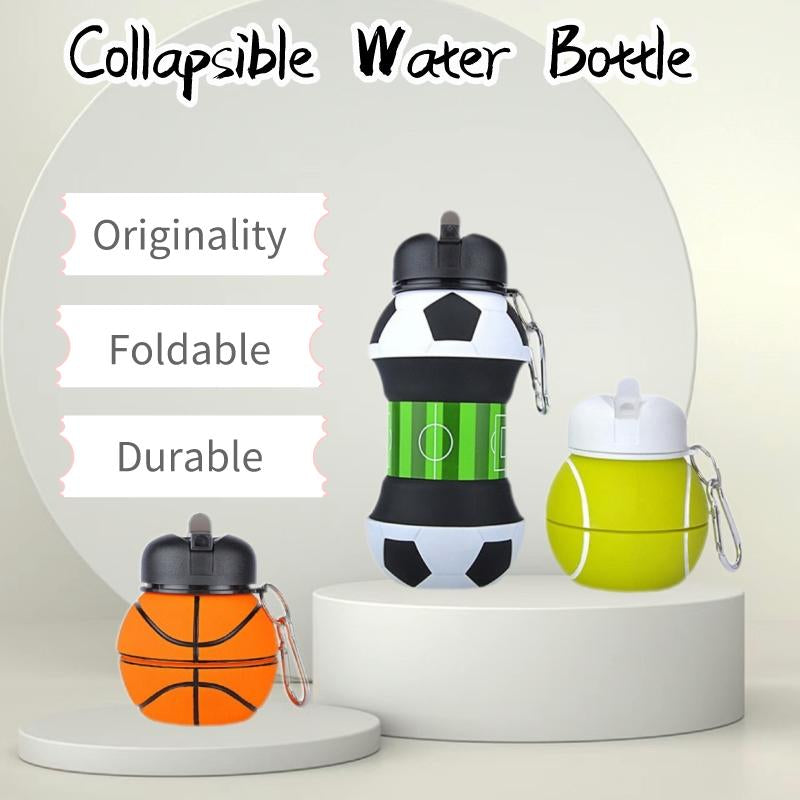 Folding Silicon Water Bottle, Three Shapes of Soccer, Basketball and Tennis, 100 Percent Food Grade Collapsible Water Bottle with Carabiner, for School Outdoor, Birthday Gifts for Boys and Girls